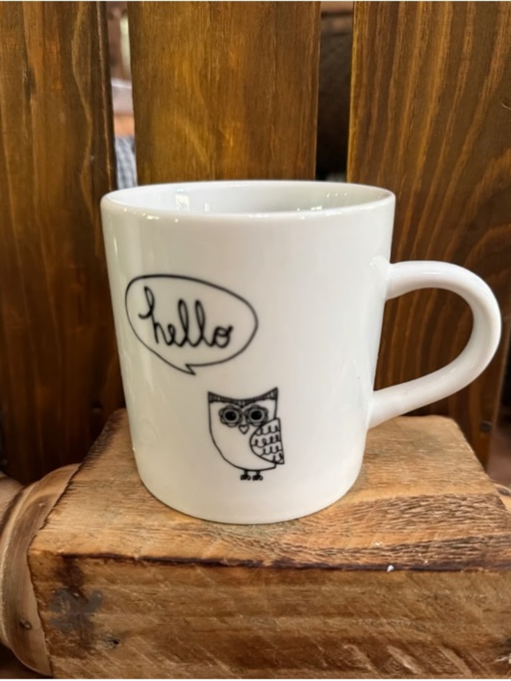 White Owl 'Hello' Ceramic Mug with Black Illustration
